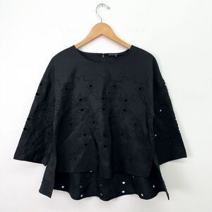 Tibi New York Women’s Black Silk Eyelet Elbow Length Pull Over Blouse